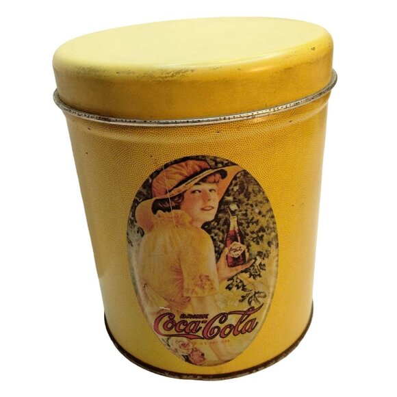 Vintage Coca Cola Tin Canister Yellow Lady Holding Coke Lidded Retro 1980s - Picture 5 of 11